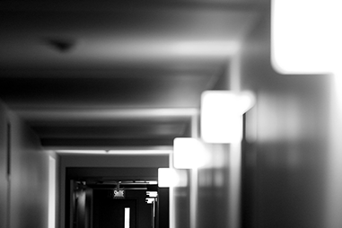 black and white photo of hallway