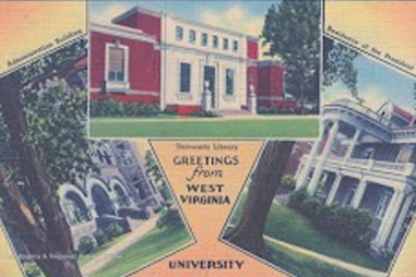 Sticker with old wvu postcards