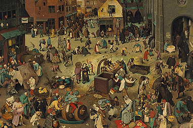 painting of people in city center