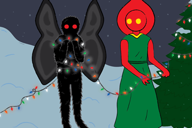 painting of moth man and flatwoods monster