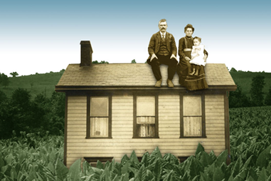 Collage of family on a house in a field