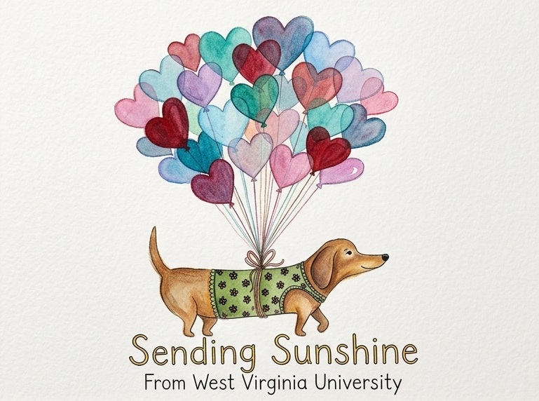 A drawing of a brown dog with colorful heart balloons