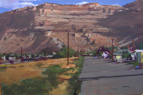 Art of a lansdscape with a rocky mountain in the background and a winding roading leading to it
