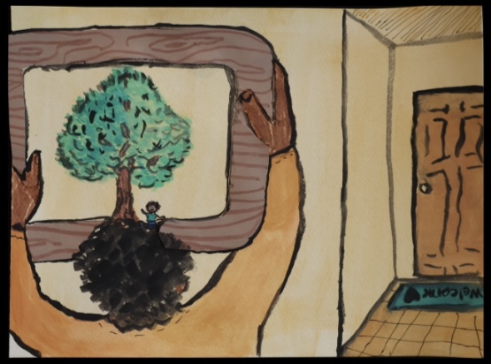 A drawing of a boy with brown curly hair hanging up a framed drawing of a tree.