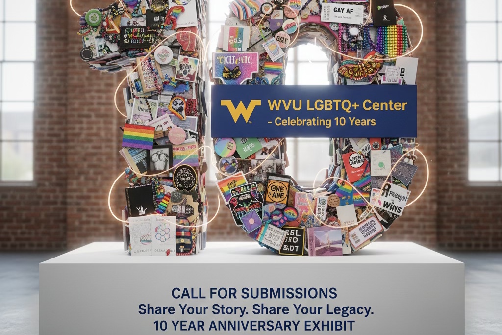 A plaque of the number ten witn color images all over, and a LGBTQ+ Center logo