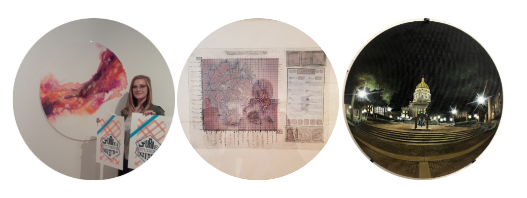 From left: awardee by artwork of abstract art; artwork of a map on a grid with index; fish eye image of us capitol